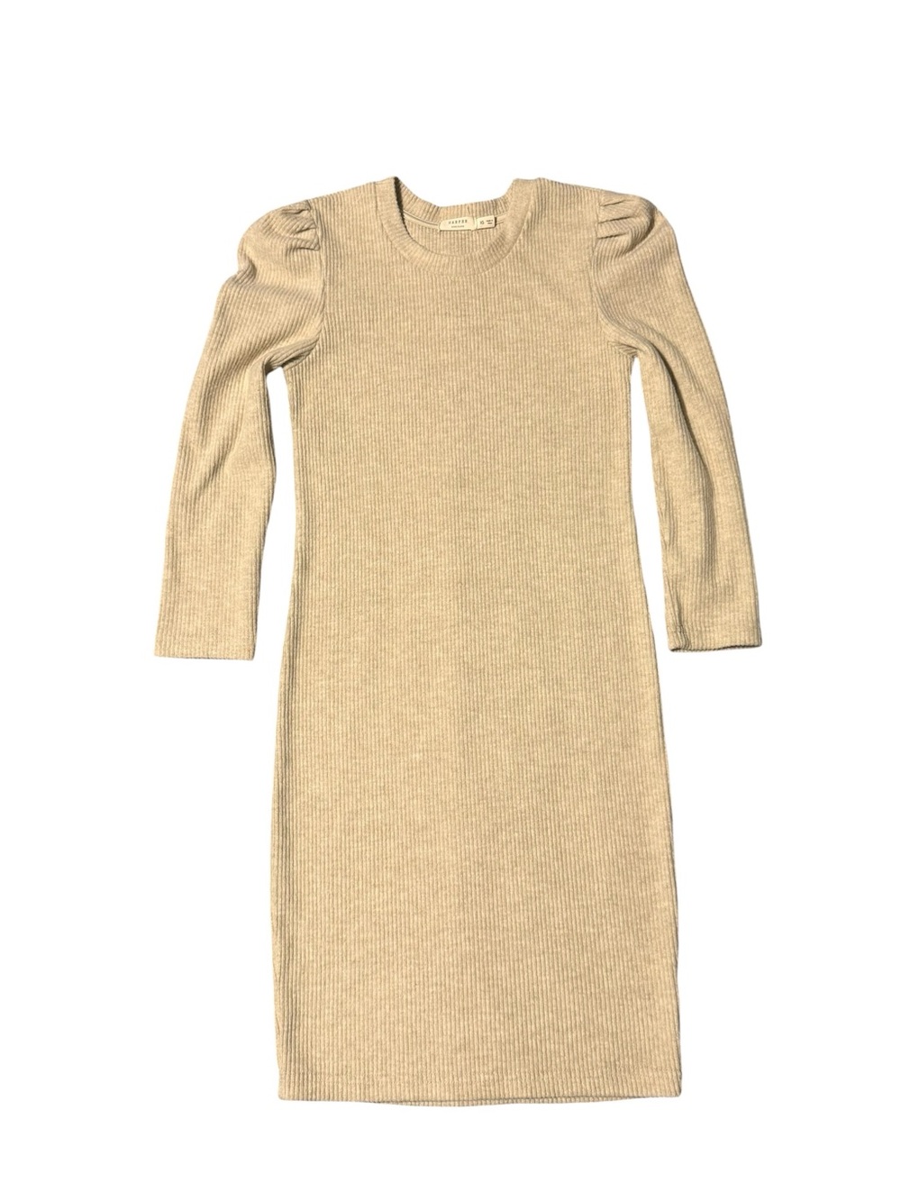 Francesca’s Harper Heritage Puff Shoulder Ribbed Sweater Mini Dress Beige XS